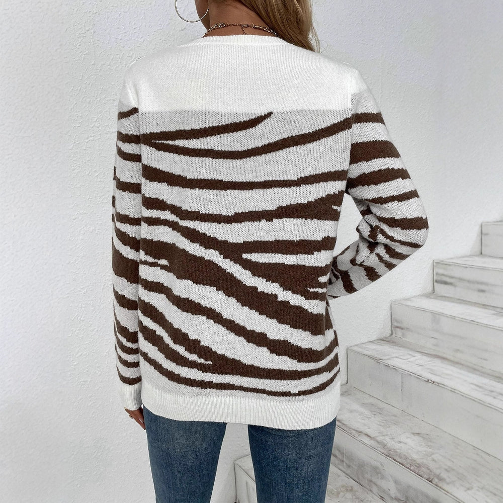 Damen gemütlicher Strickpullover mit modernem Zebrastreifen-Muster und komfortablem Schnitt R&B