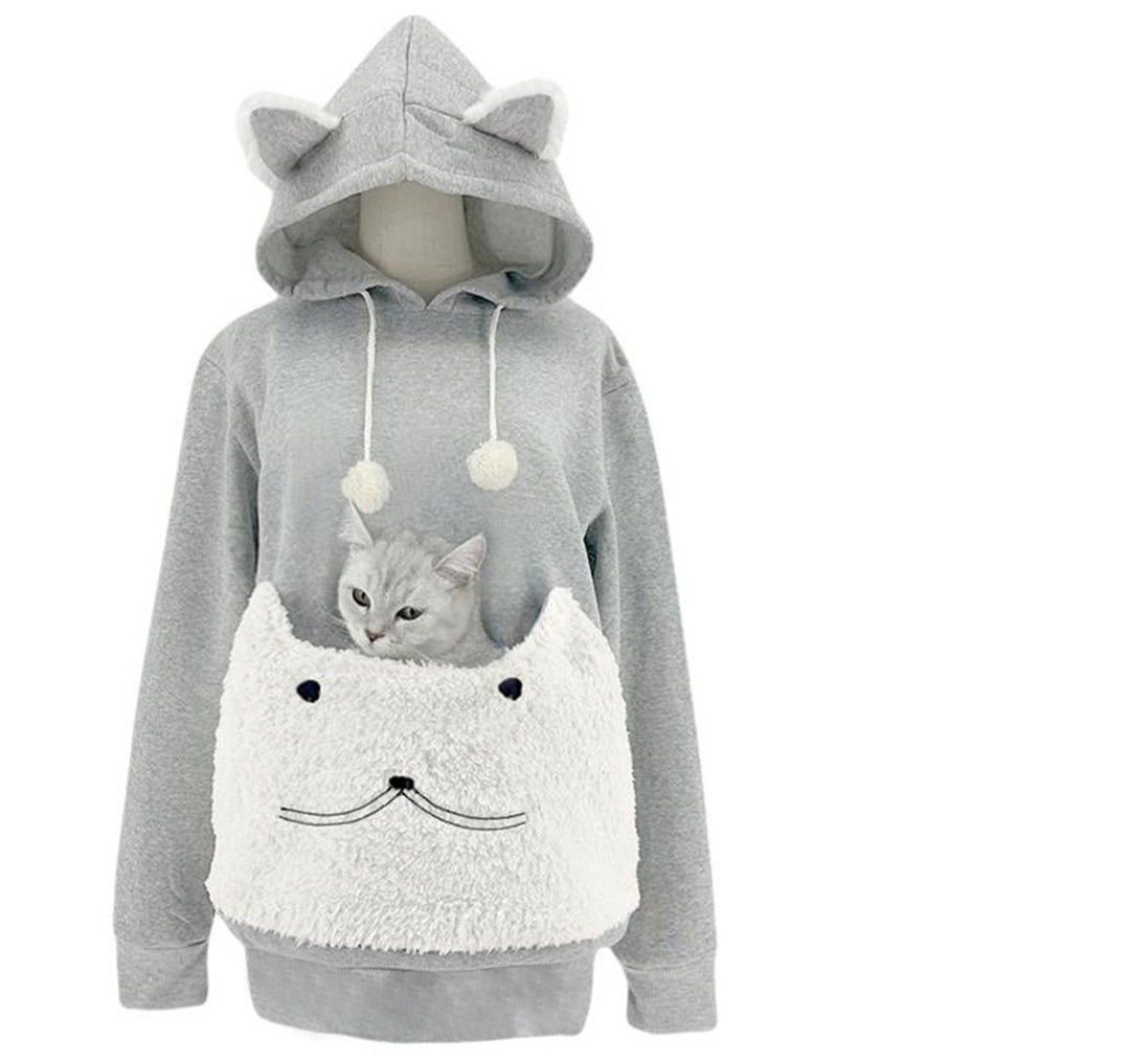 Damen Kuscheliger Kapuzenpullover mit Katzenmotiv und praktischer Känguru-Tasche R&B