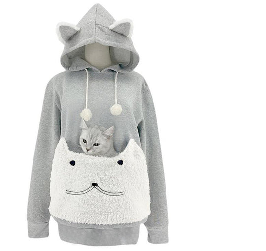 Damen Kuscheliger Kapuzenpullover mit Katzenmotiv und praktischer Känguru-Tasche R&B