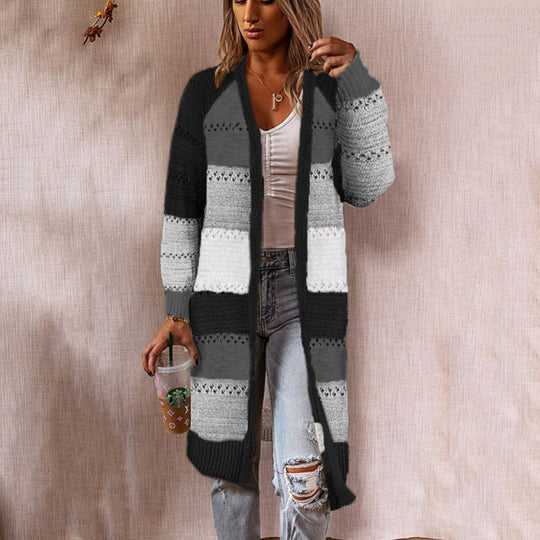 Damen Langer Strickcardigan mit kunstvollem Streifenmuster und luftiger Struktur R&B