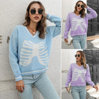 Damen Strickpullover mit kreativem Rippenmuster und V-Ausschnitt R&B