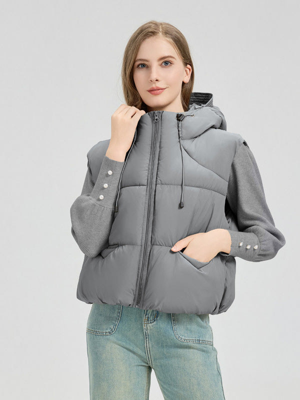 Damen gesteppte Weste mit abnehmbarer Kapuze und seitlichen Eingrifftaschen R&B