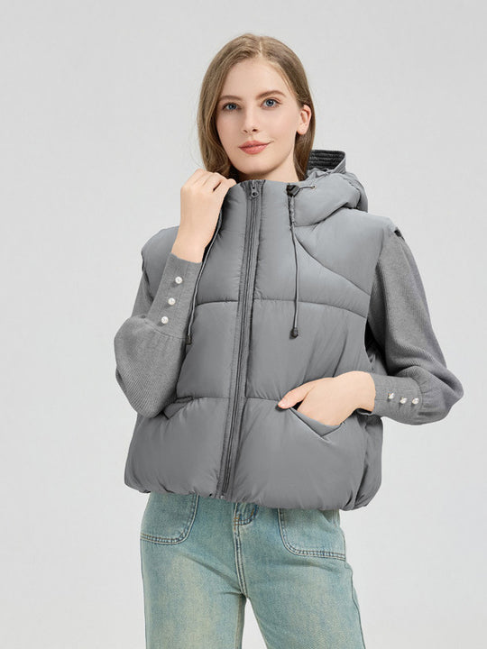 Damen gesteppte Weste mit abnehmbarer Kapuze und seitlichen Eingrifftaschen R&B