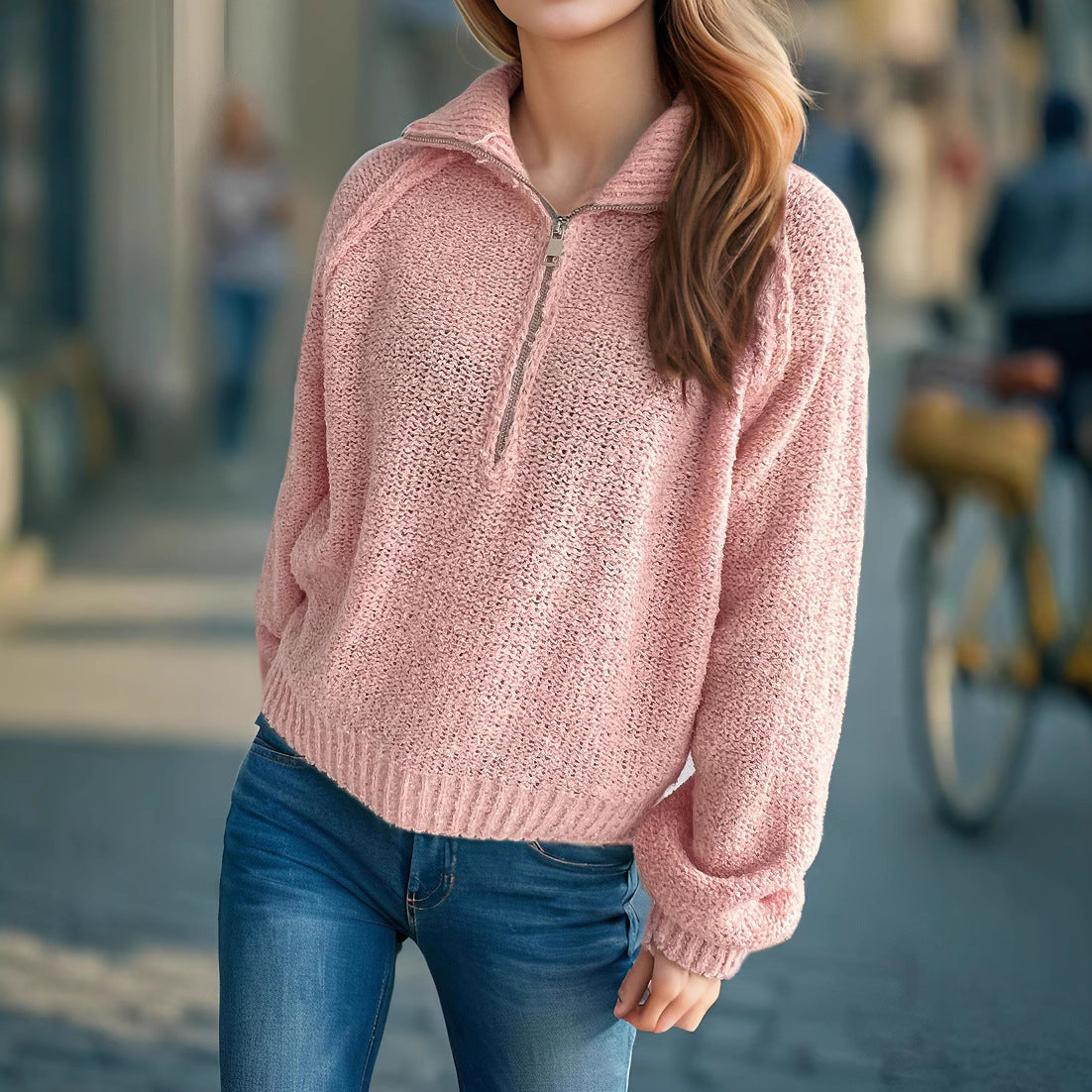 Damen lässiger Zip-Pullover mit oversized Schnitt und hohem Kragen R&B