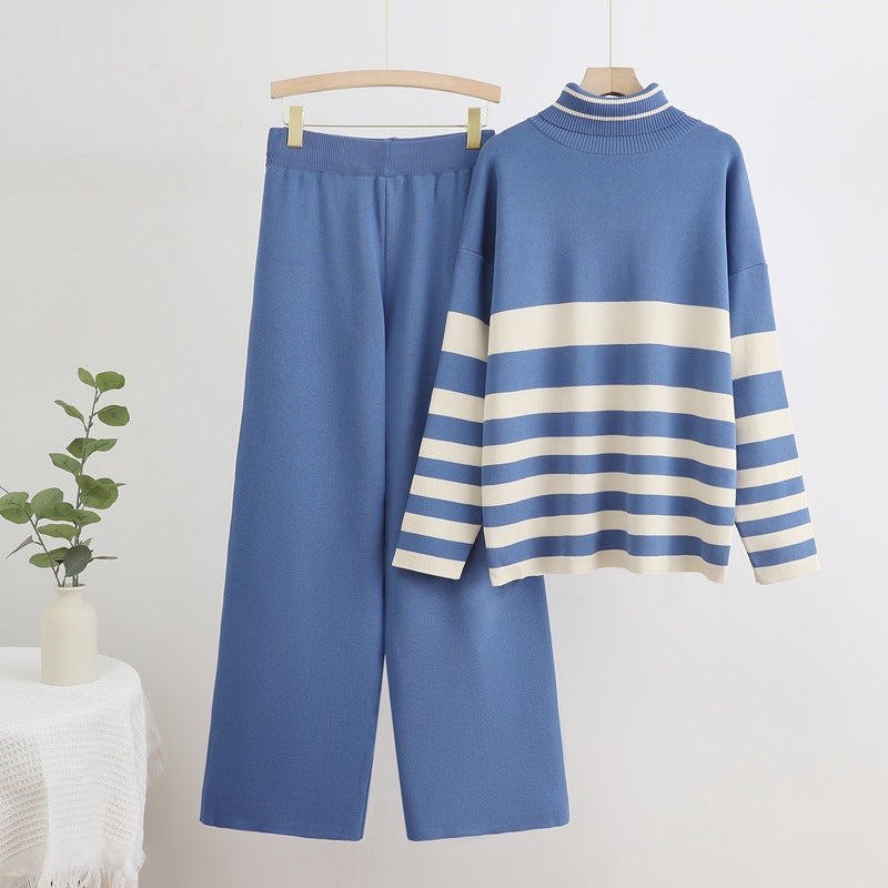 Damen Komfortables Strick-Loungewear-Set mit hohem Kragen und breiten Streifen R&B