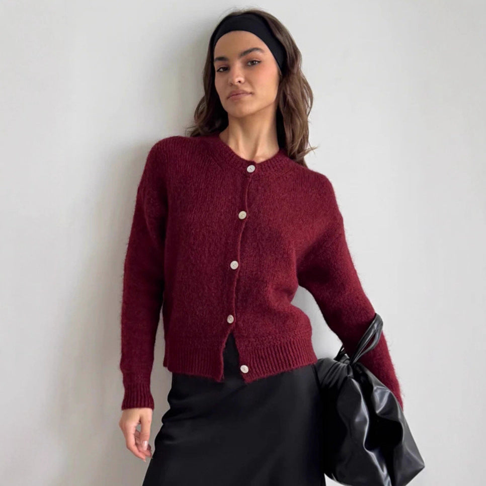Damen kuschelige Strickjacke mit knöpfbarem Design und voluminösen Ärmeln R&B