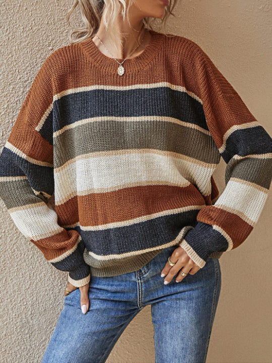 Damen lässiger Grobstrickpullover mit Farbblockmuster und weitem Schnitt R&B