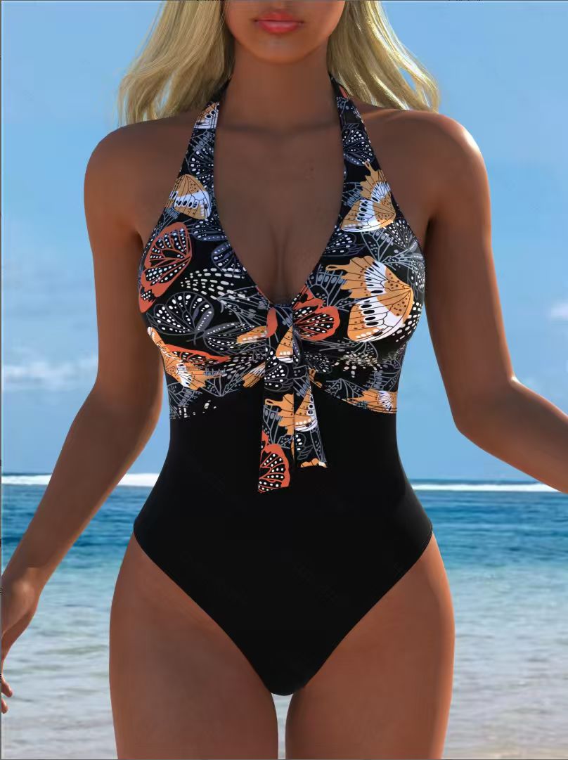 Damen Einteiliger Badeanzug mit modischem Schmetterlingsdesign und elegantem Bindeband R&B