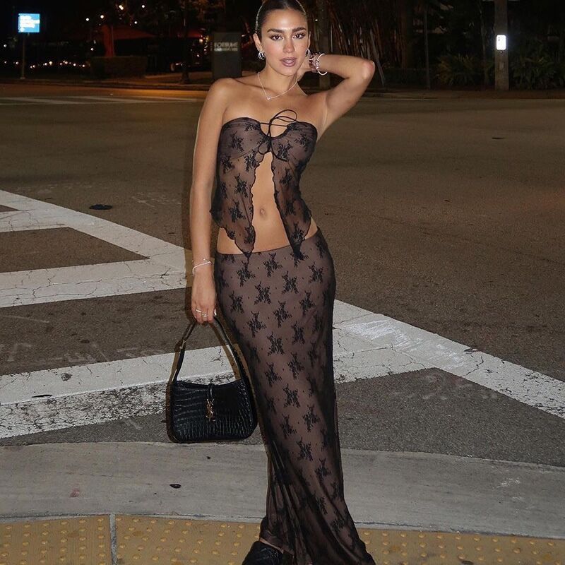 Damen transparenter Spitzen-Maxi-Rock R&B