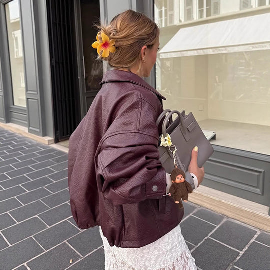 Damen lässige cropped Kunstlederjacke mit voluminösen Ärmeln R&B
