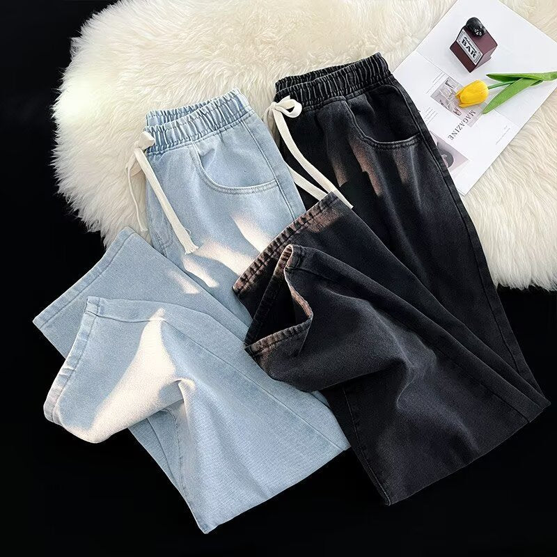 Damen lässige Denim-Hose mit elastischem Bund und praktischen Eingrifftaschen