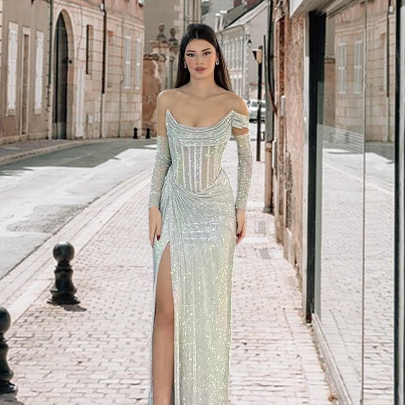 Damen Elegantes Abendkleid mit schimmerndem Schmuckdetail und drapiertem Rock R&B