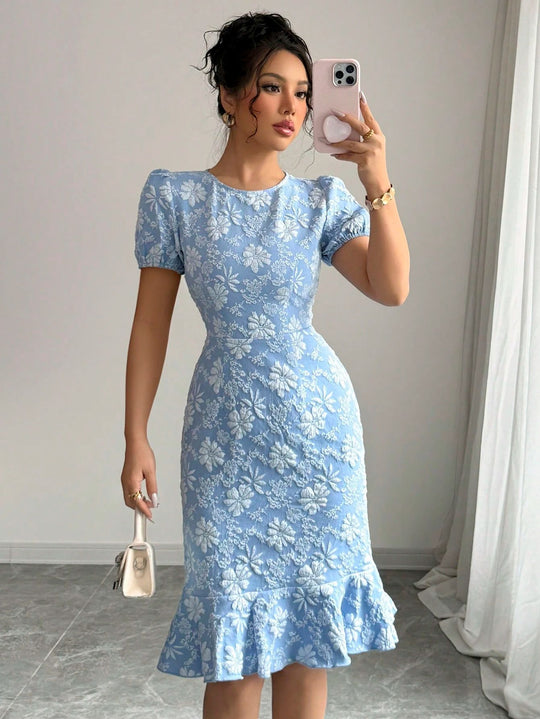Damen Blumenspitze Midi-Kleid mit Rüschensaum R&B