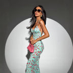 Damen figurbetontes Blumen-Maxikleid mit Spaghettiträgern und elegantem Schnitt R&B