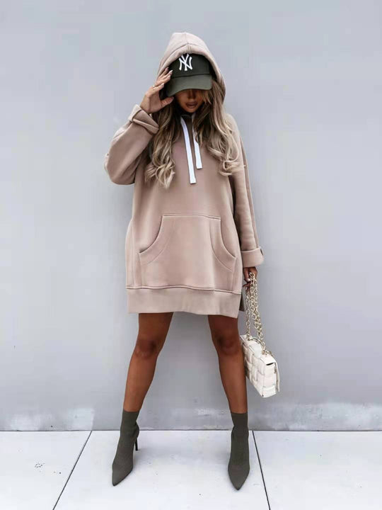 Damen lässiges Kapuzenkleid mit praktischen Eingrifftaschen und seitlichen Schlitzen R&B