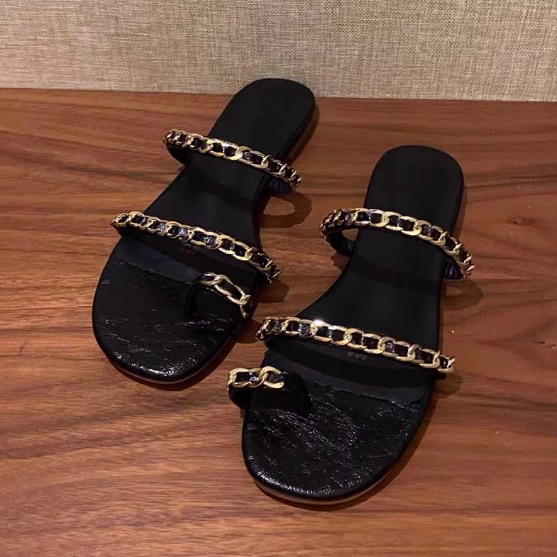 Damen elegante Zehentrenner-Sandalen mit modischen Gliederketten-Details R&B