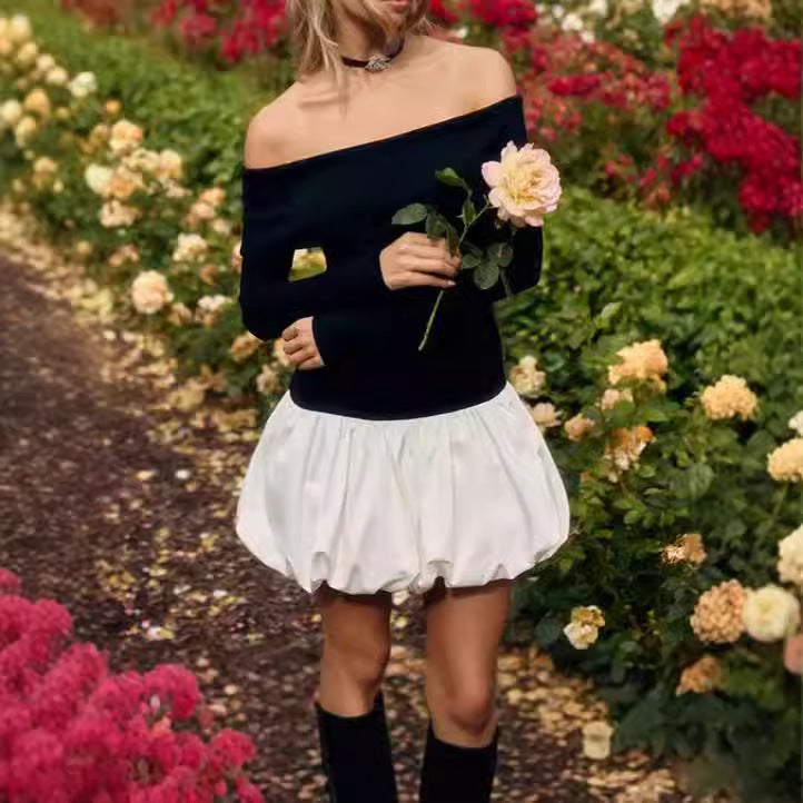 Damen Off-Shoulder Minikleid mit voluminösem Rock und langen Ärmeln R&B