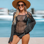 Damen luftiges Strickoberteil mit langem Arm und transparentem Design R&B