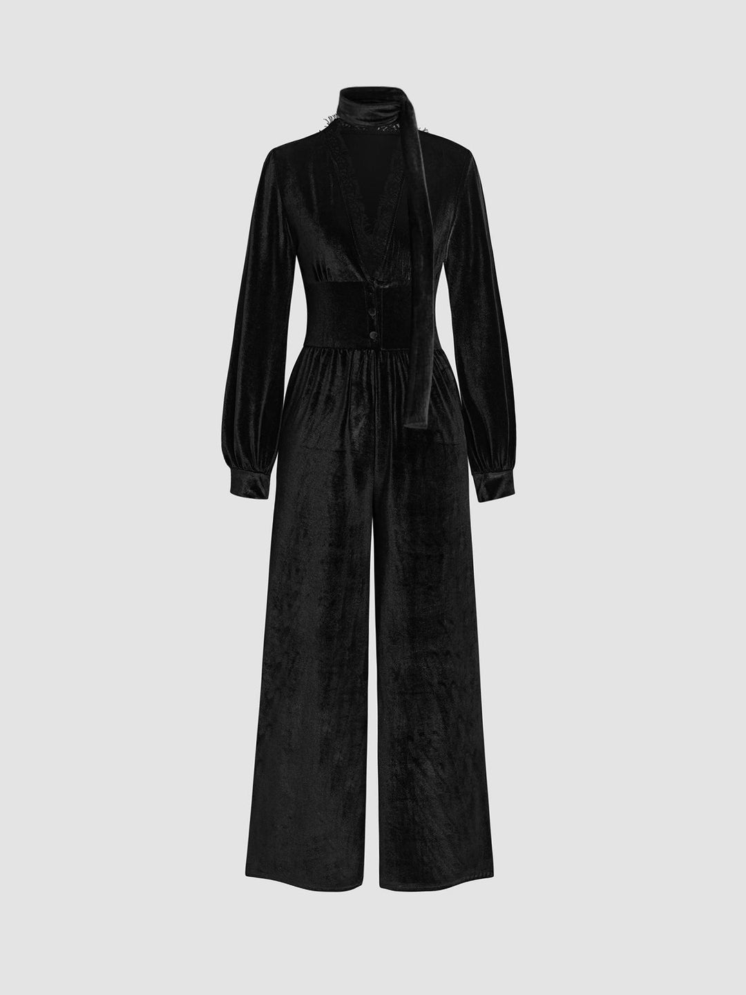 Damen eleganter Samt-Jumpsuit mit schickem Kragen und weitem Bein R&B