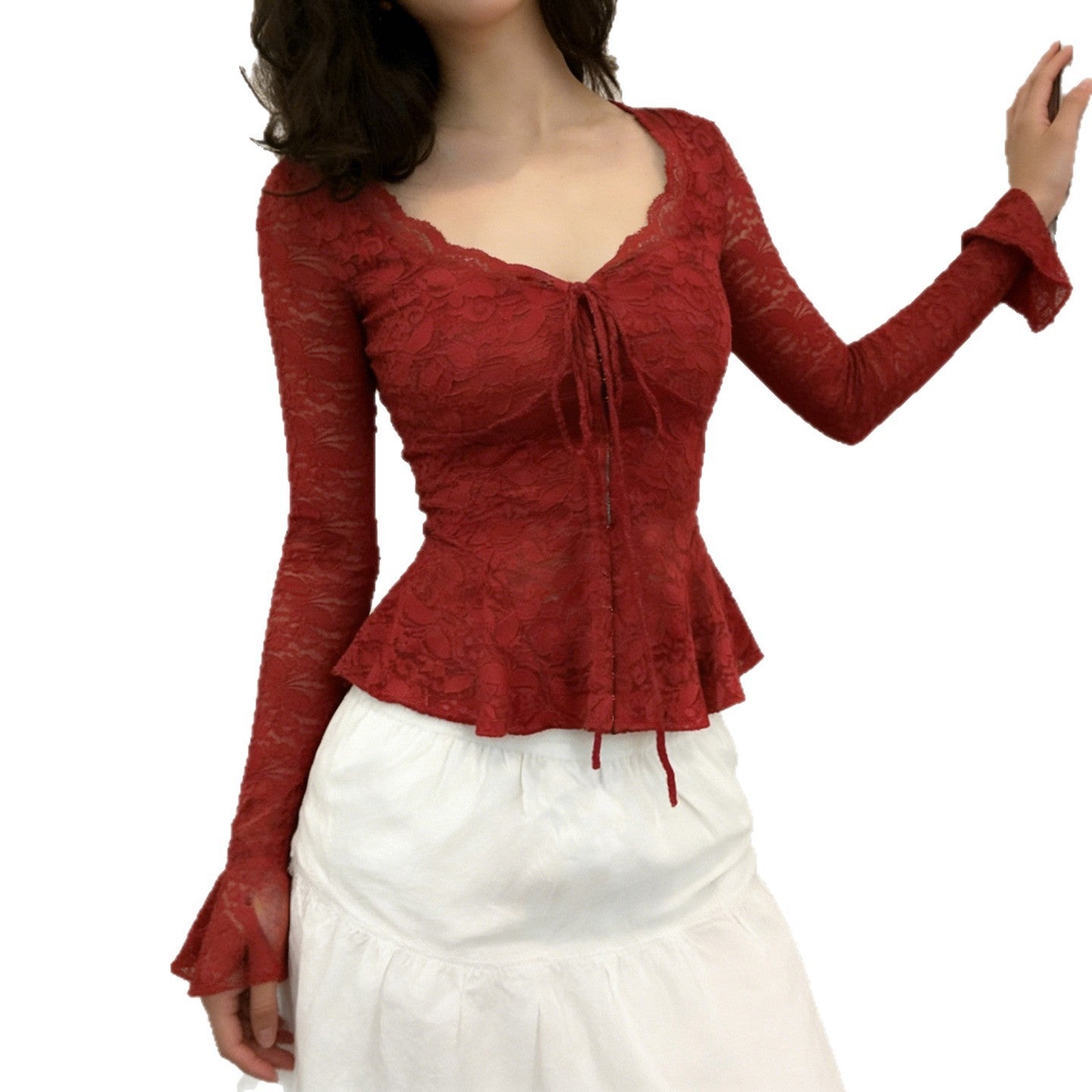 Damen Spitzenbluse mit romantischen Rüschen und bindbarem Dekolleté R&B