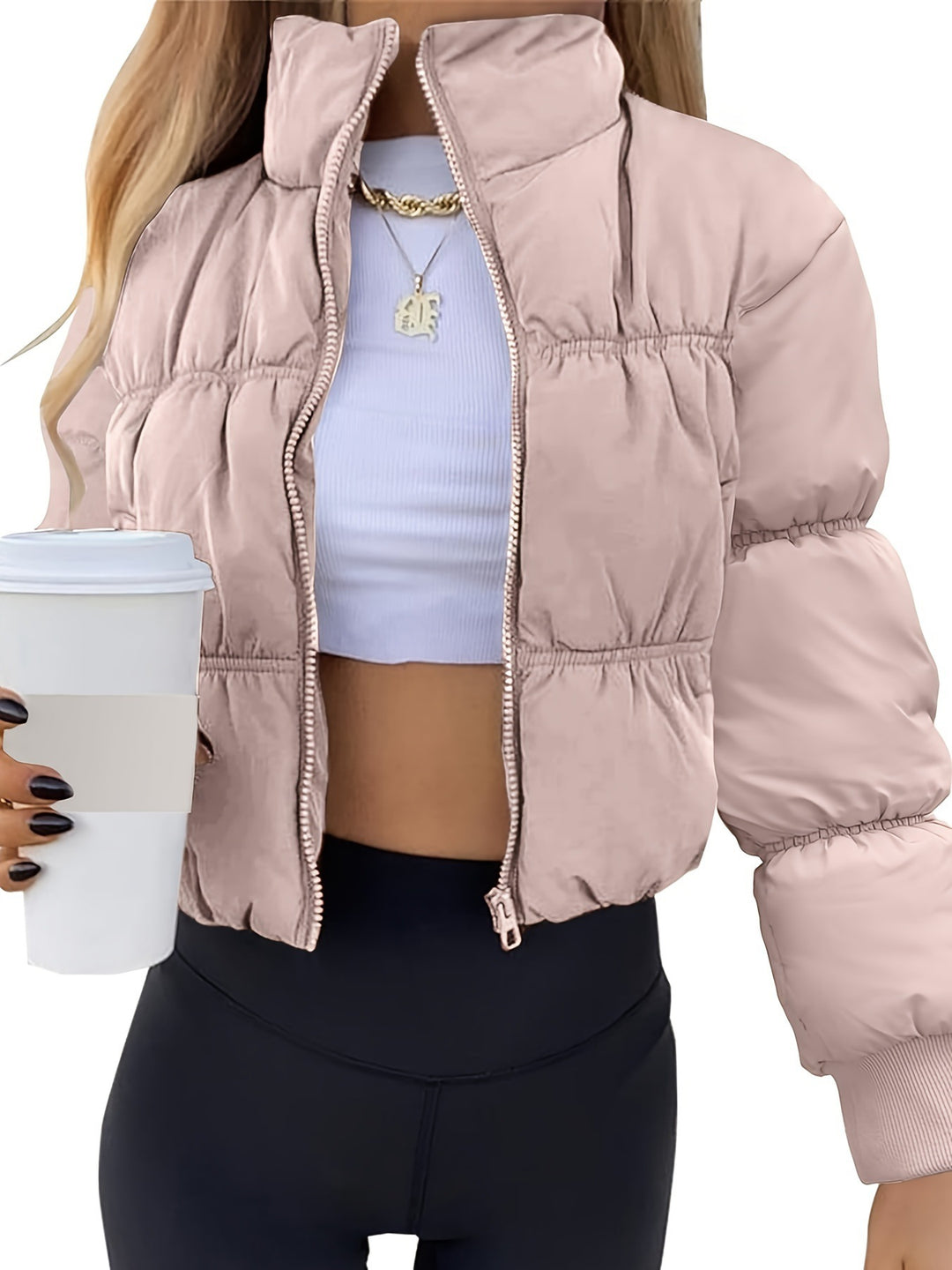 Damen gesteppte Kurzjacke mit hohem Kragen und voluminösem Schnitt R&B