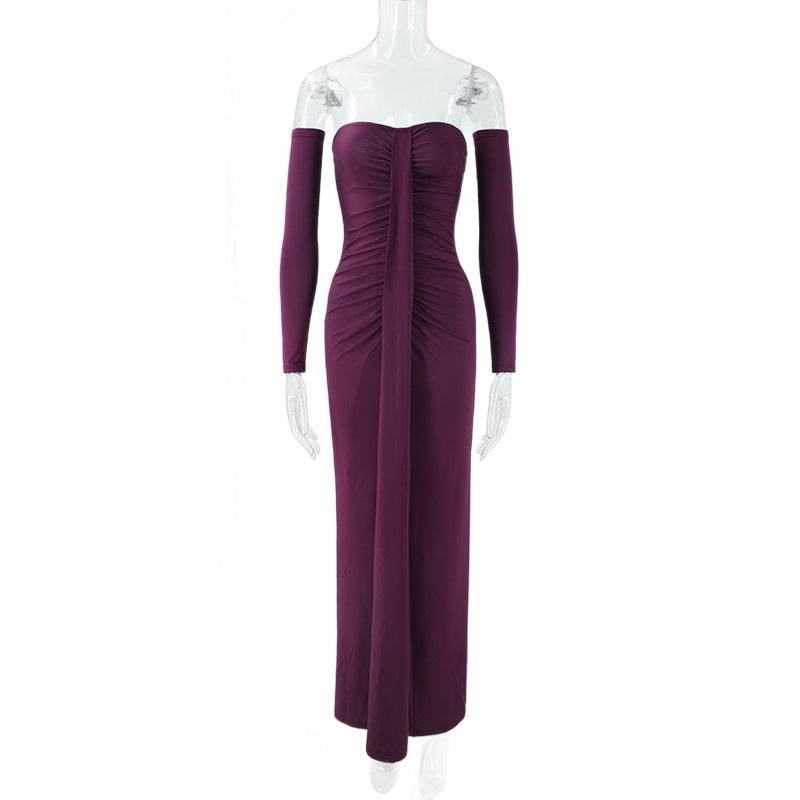 Damen trägerloses Abendkleid mit langen Ärmeln und raffinierten Rüschendetails EB
