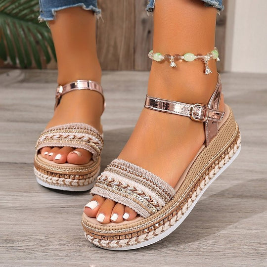 Damen Riemensandalen mit modischer Schmuckverzierung und Plateau-Rand R&B