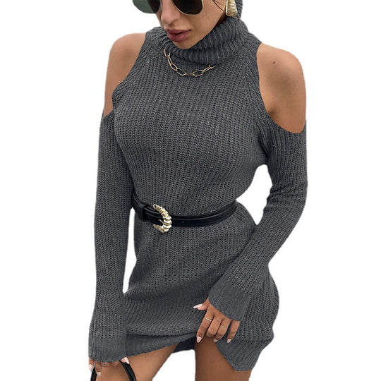 Damen Strickkleid mit Rollkragen und offenen Schultern R&B