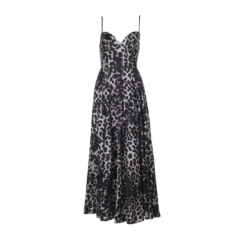 Damen Maxikleid mit tiefem V-Ausschnitt und elegantem Leopardenmuster R&B