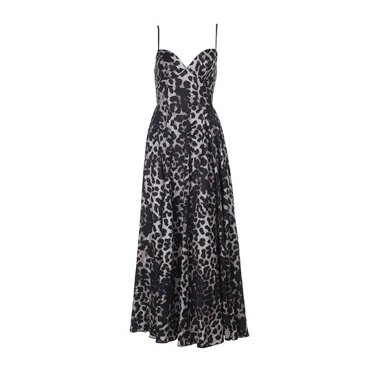 Damen Maxikleid mit tiefem V-Ausschnitt und elegantem Leopardenmuster R&B
