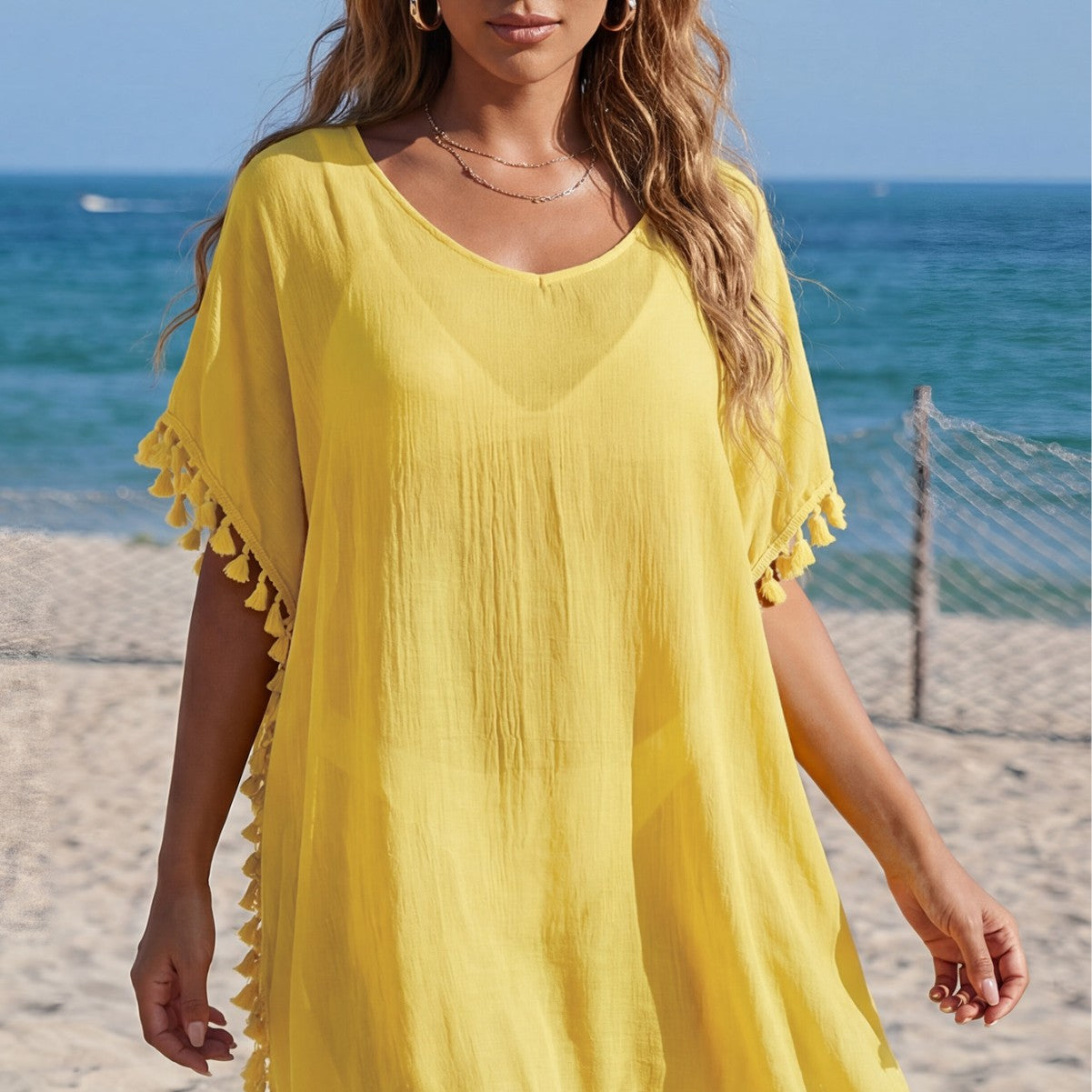 Damen luftiger Strandüberwurf mit verspielten Fransen R&B