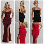 Damen Abendkleid mit schimmerndem Paillettenbesatz und verführerischem Schlitz EB