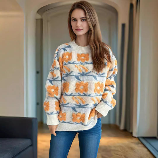 Damen Strickpullover mit floralem Muster und lässigem Schnitt R&B