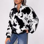 Damen Fleece-Pullover mit halbhohem Kragen und rustikalem Kuhmuster R&B
