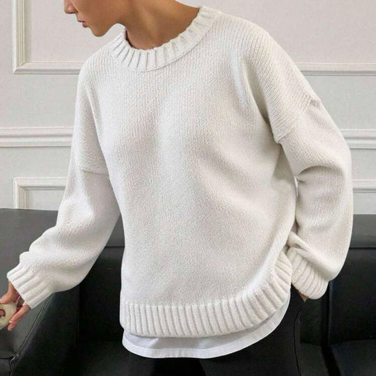 Damen lässiger und oversized Strickpullover mit Rundhalsausschnitt R&B
