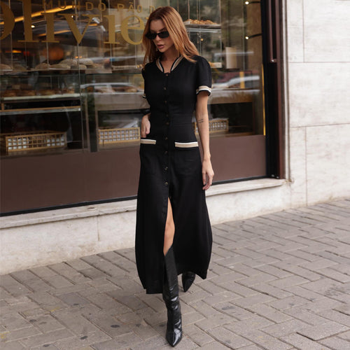 Damen Maxikleid mit eleganter Knopfleiste und seitlichem Schlitz R&B