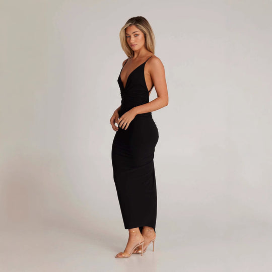 Damen elegantes Maxikleid mit tiefem V-Ausschnitt und zarten Spaghetti-Trägern R&B