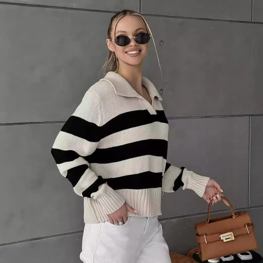 Damen Grob gestrickter Pullover mit breitem Kragen und Blockstreifendesign R&B