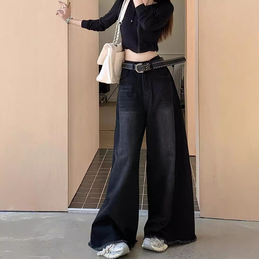 Damen Weite High-Waist Denim-Hose mit modischem Schnitt und auffälligem Gürtel R&B