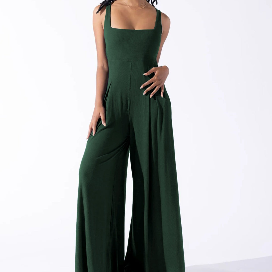 Damen Eleganter Jersey Jumpsuit mit weitem Bein und tiefem Ausschnitt R&B