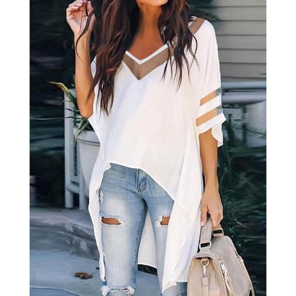 Damen Oversized T-Shirt mit transparenten Einsätzen und V-Ausschnitt R&B