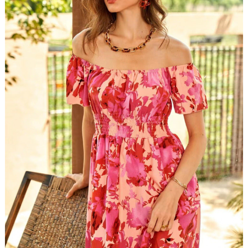 Damen Off-Shoulder Midikleid im floralen Design mit elastischem Oberteil und voluminösem Rock R&B