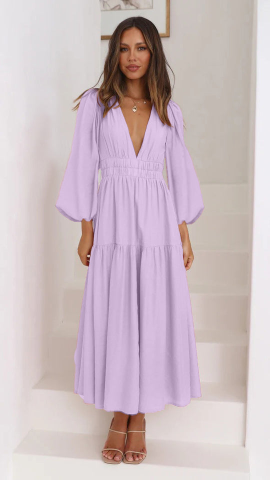 Damen Langarm Maxikleid mit tiefem V-Ausschnitt und weitem Rock R&B