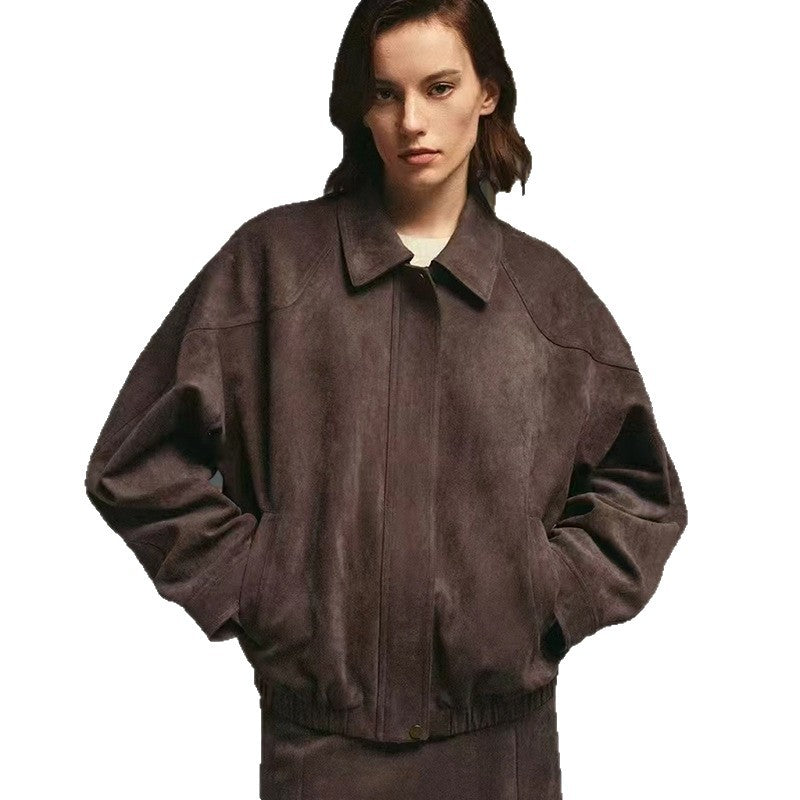 Damen Modische Kunstlederjacke mit elegantem Stehkragen und lässigem Schnitt R&B