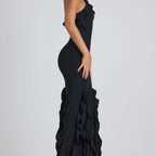 Damen Exklusives Maxikleid mit asymmetrischem Rüschenverlauf und elegantem Schnitt R&B