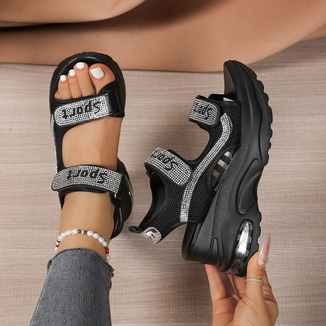 Damen Sportliche Wedge-Sandalen mit glitzernden Riemchen und komfortablem Fußbett R&B