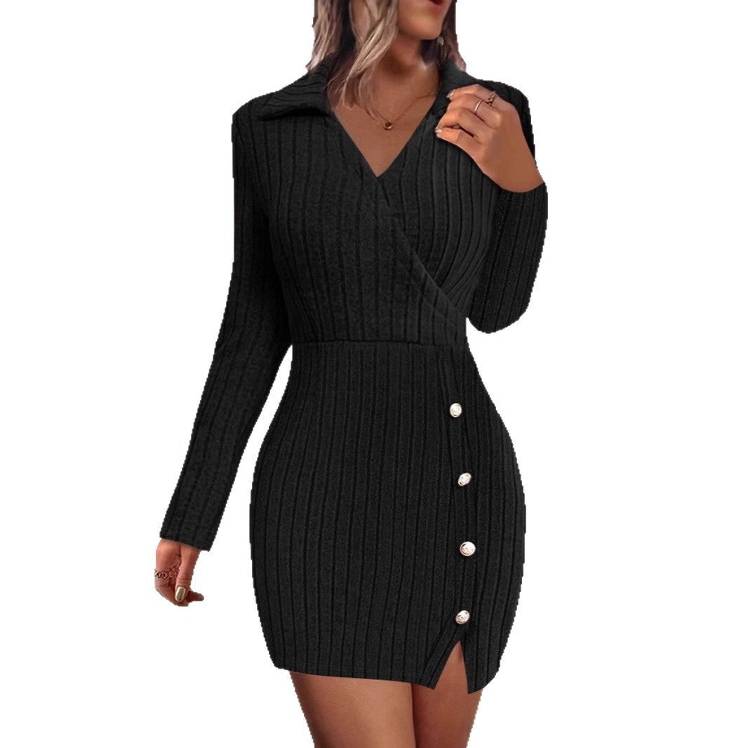 Damen Wickelkleid mit strukturiertem Design und dekorativen Knöpfen