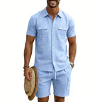 Herren nan sommerliches Freizeitset aus Baumwoll-Leinenmix mit Kurzarm-Hemd und Cargo-Shorts R&B