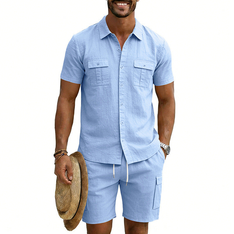 Herren nan sommerliches Freizeitset aus Baumwoll-Leinenmix mit Kurzarm-Hemd und Cargo-Shorts R&B