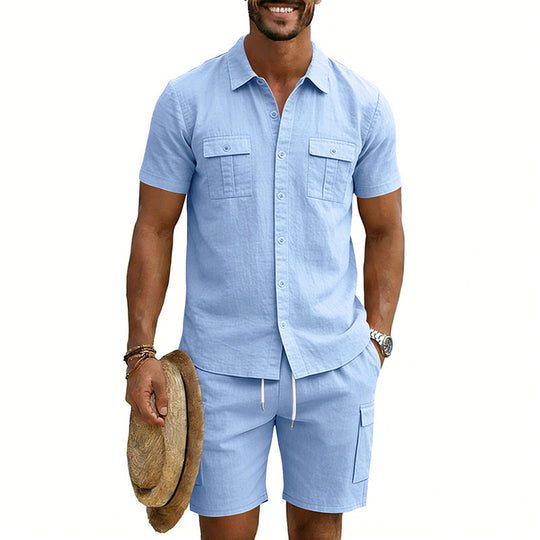 Herren nan sommerliches Freizeitset aus Baumwoll-Leinenmix mit Kurzarm-Hemd und Cargo-Shorts R&B